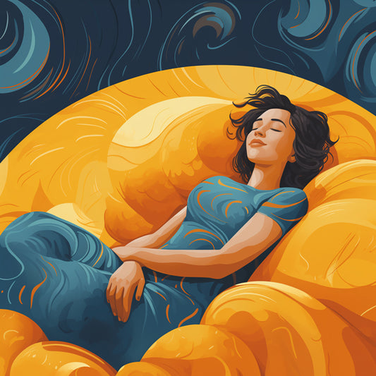 A woman sleeping on a large yellow bean bag bed.