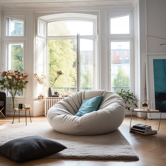A white high end looking bean bag in an elegant room with large windows