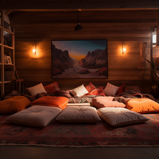 Several large floor cushions arranged nicely in a cozy room.