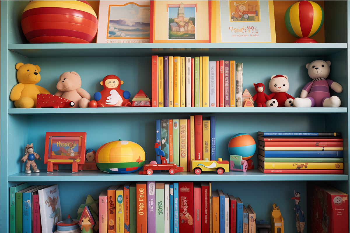 Brightly colored toys and books on a teal classroom bookshelf. There are little trucks, balls, a small bean bag, and figurines.