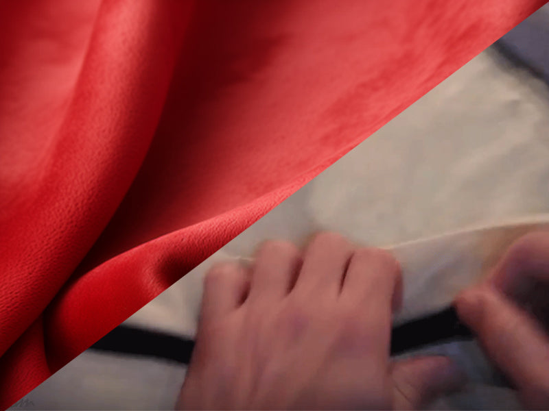 An image split down diagonally with the top left half showing a red bean bag cover and the bottom right half showing a bean bag liner.