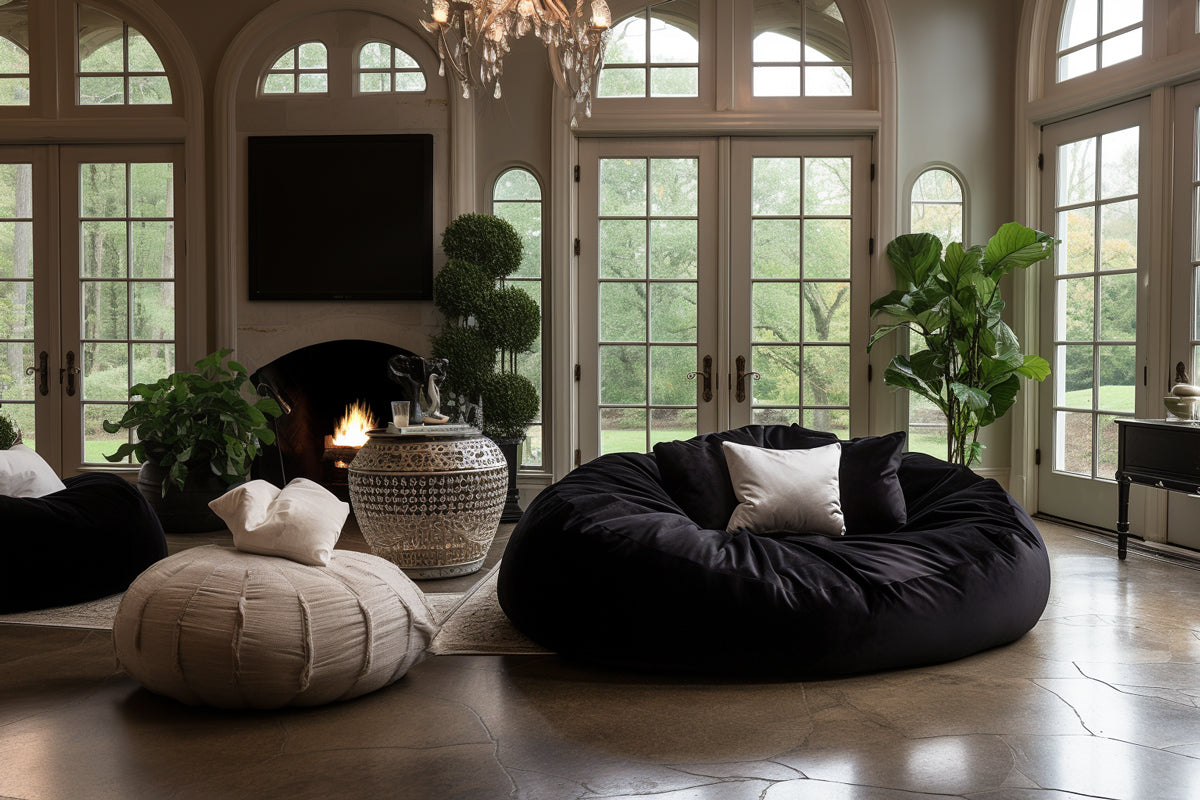 A black bean bag with 3 throw pillows on in in an elegantly decorated living room. There are large windows facing a backyard, a fancy chandelier, and beautiful green plants around the room.