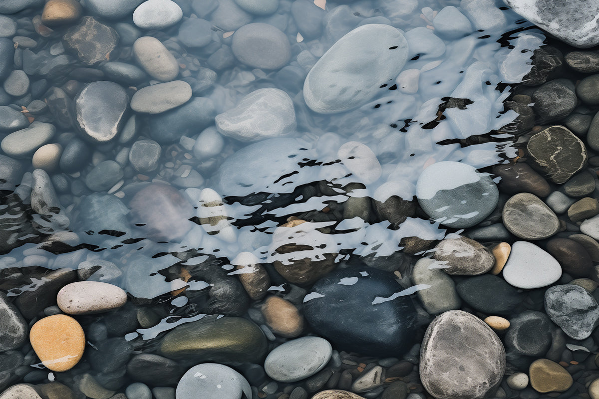 Gray stones in a tranquil stream viewed from overhead. This serene scene represents the Charcoal Gray color of this bean bag collection.