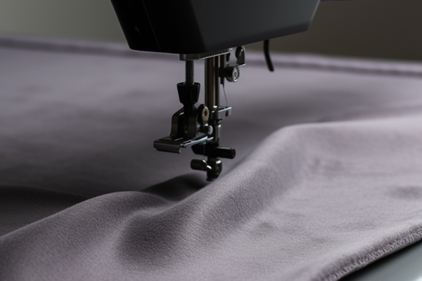 Close up of microsuede cover in gray with sewing machine.