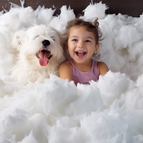 A happy child and dog sitting in safe foam