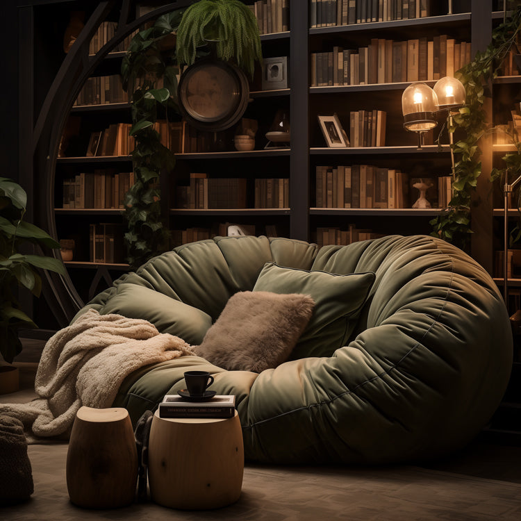 A warm and cozy reading nook with a large bean bag chair in the middle. There are shelves of books in the background with a coffee in front creating a cozy setting.