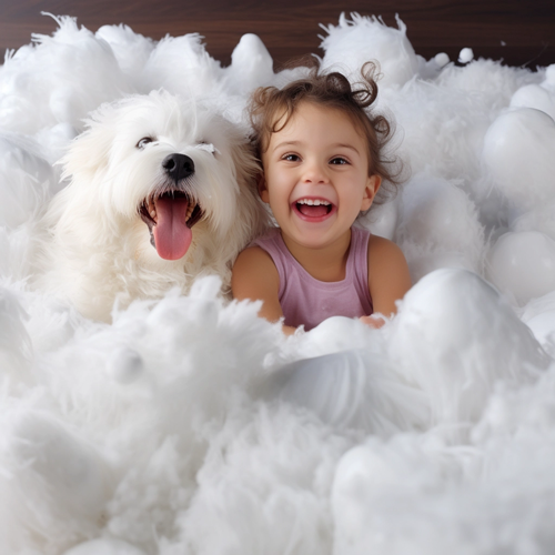 A girl and her dog sitting in white fluff