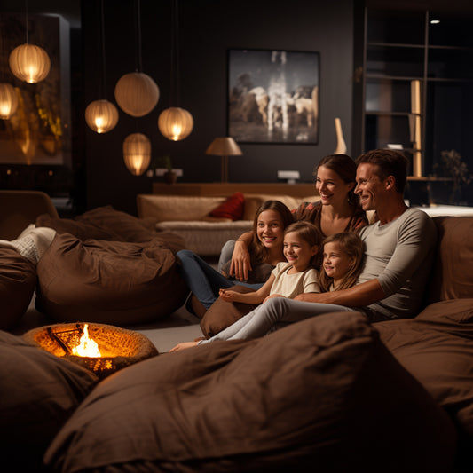 A family sitting on huge brown bean bags