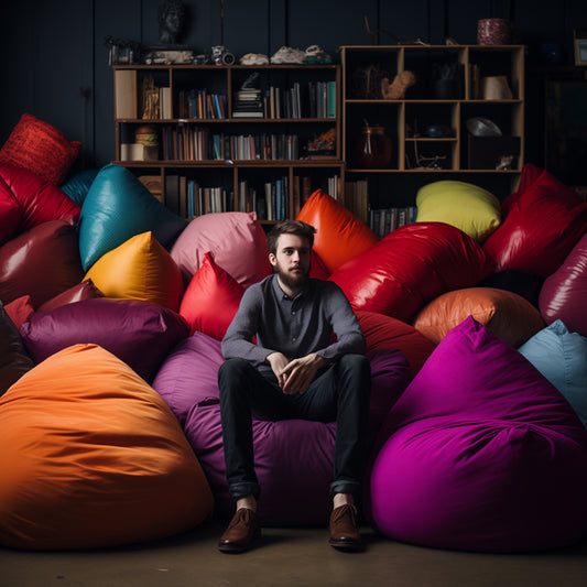 A man sitting on a bunch of bean bag chairs.