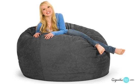 5 ft. Gray Bean Bag Chair with a girl with a big smile on it.
