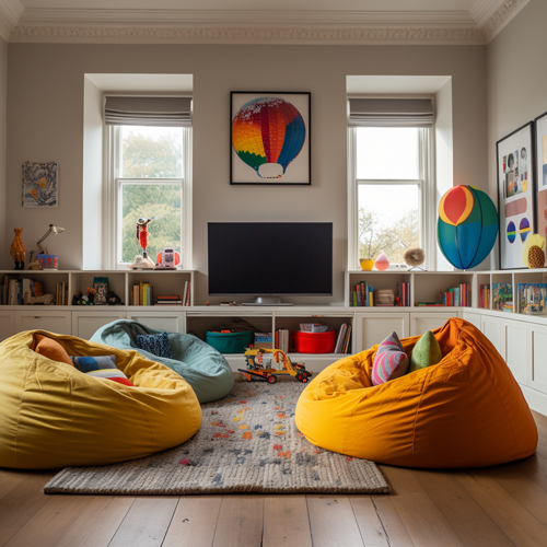 Yellow bean bags in a child's playroom with toys on the shelves.
