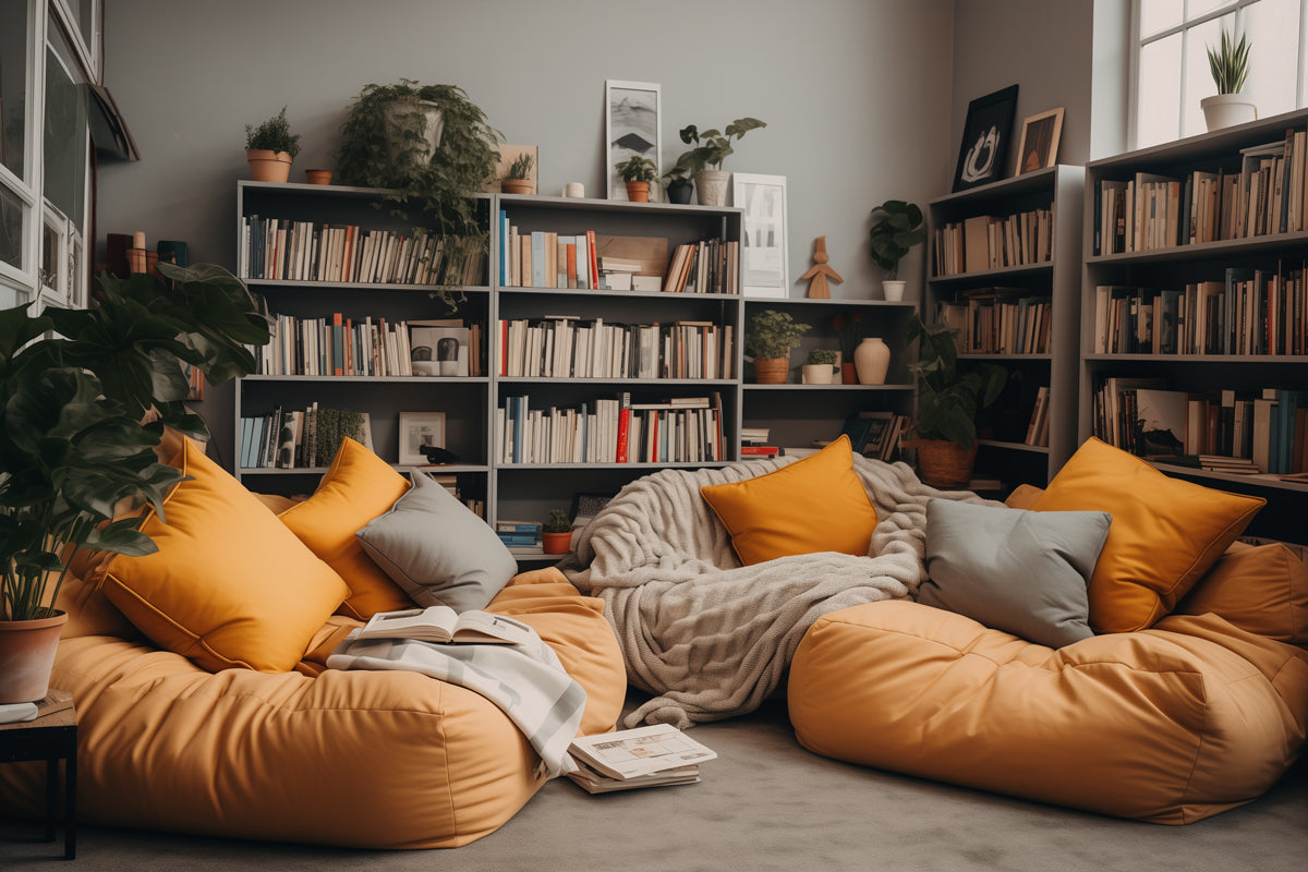 Cozy looking bean bags with blankets and throw pillows in a college dorm room with book shelves in the background.