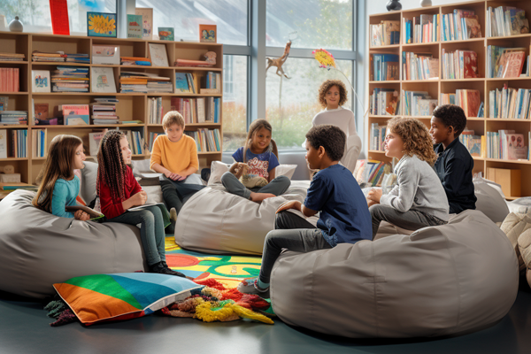 A classroom with kids sitting on bean bags
