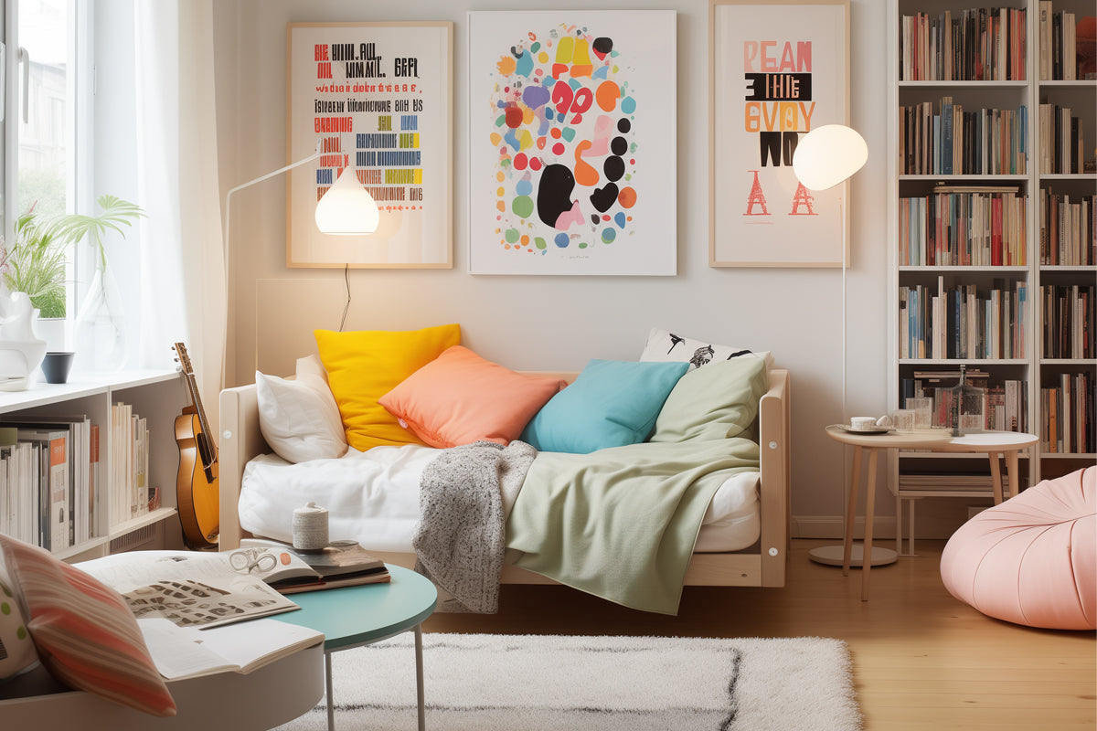 A cozy and colorful teen's room with a comfy looking bed, book shelves, a pink bean bag chair in the corner, a soft rug, and pretty art on the wall.