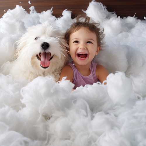 A happy kid and her dog sitting in fluffy white foam