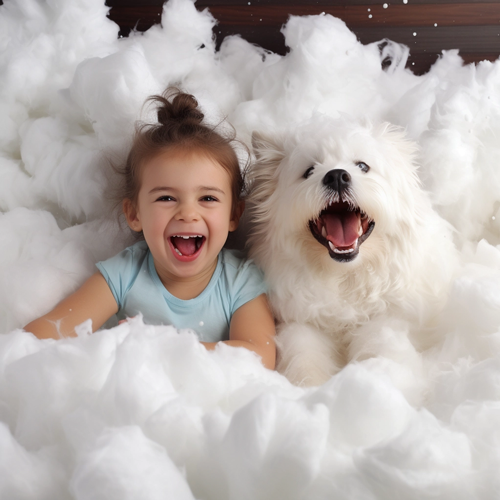 Girl and white dog sitting in foam