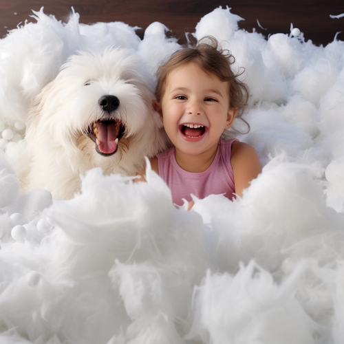 Child and dog sitting in fluffy foam