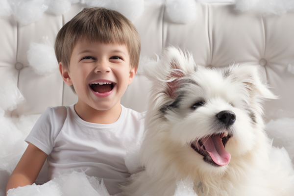 A kid and a dog happily sitting in foam. This picture represents the fact that the foam filling we use in our bean bags is safer than beans or beads.