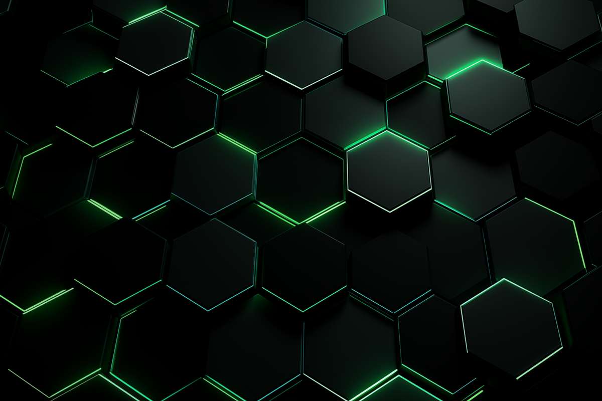 Shows a high tech looking glowing green outline of hexagons on black. Futuristic-looking banner to represent gaming.