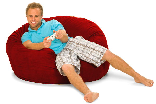 Man gaming on a big red bean bag