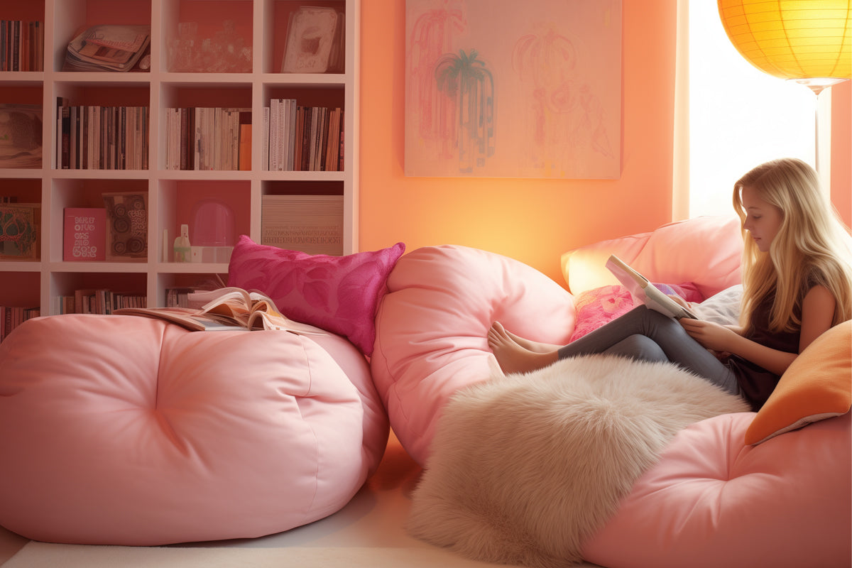 A pink and white girl's bedroom with bean bag chairs around. There's a young girl reading on the bean bag.