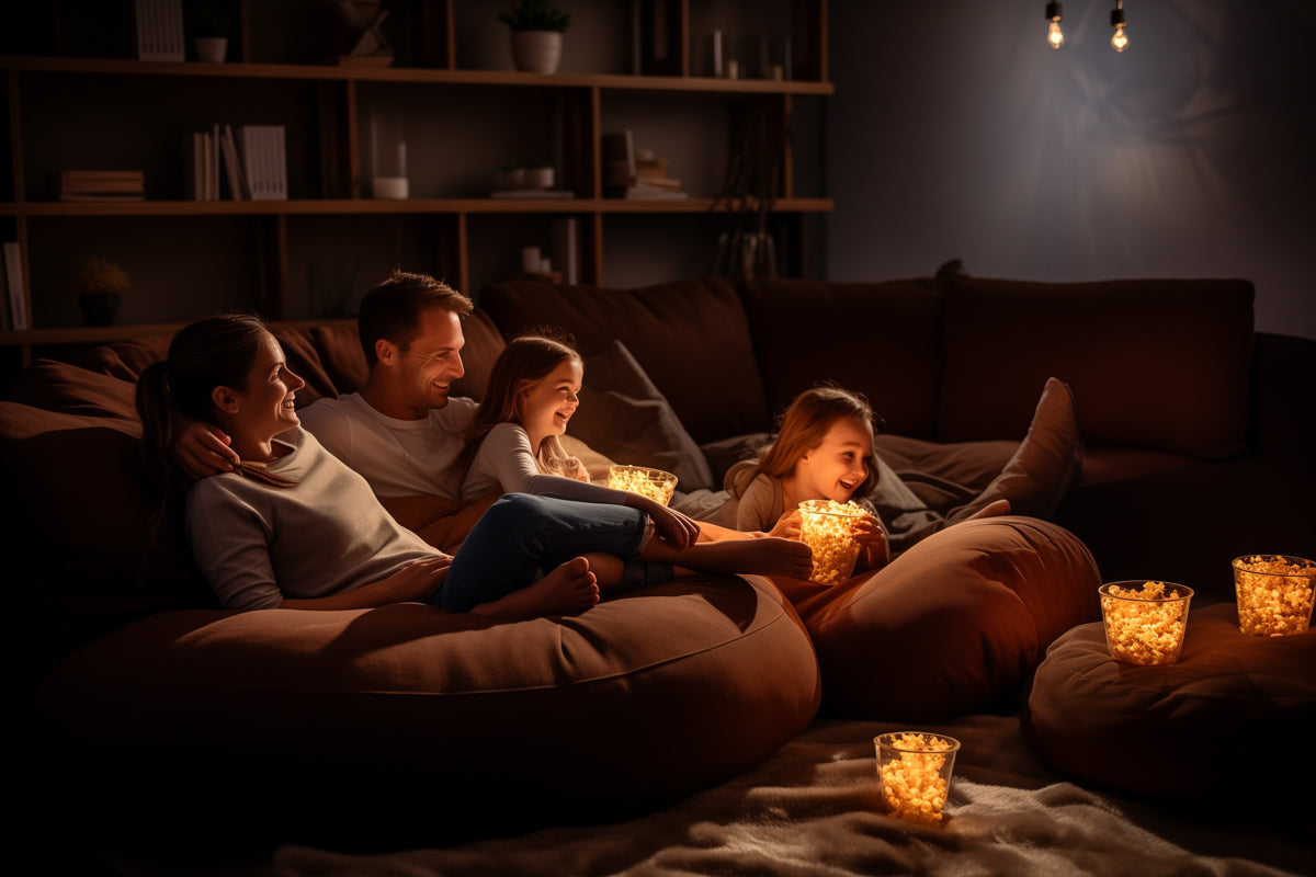 A warm and cozy theater room with a family relaxing on a few dark brown round bean bag chairs.