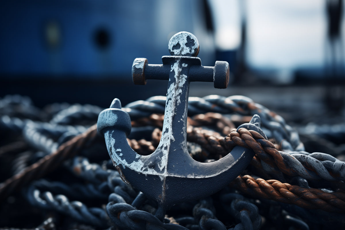An anchor with chains and ropes on a dock representing the color Navy Blue.
