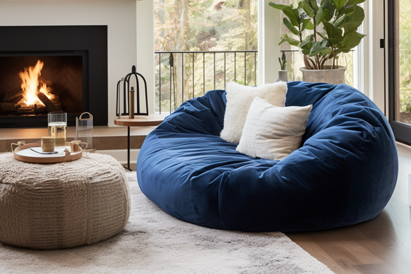 A beautiful navy blue 7 ft. bean bag in a cozy living room with a fireplace in the background.