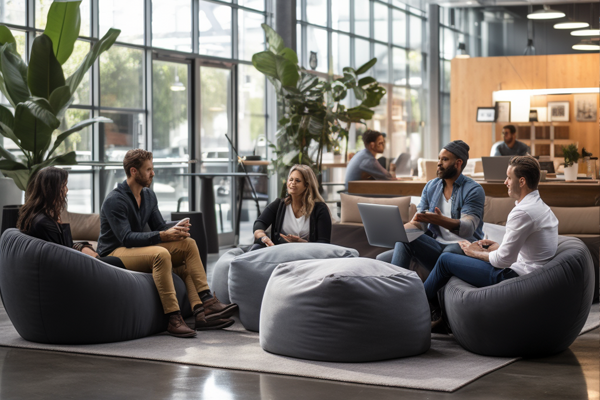 Employees in an office sitting on big gray bean bags.