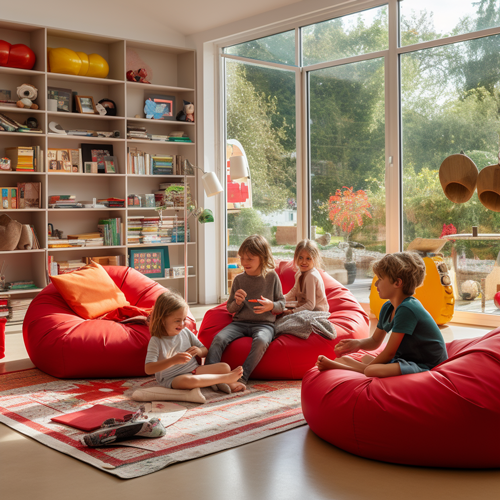 A kid's playroom with red bean bags with children relaxing on them
