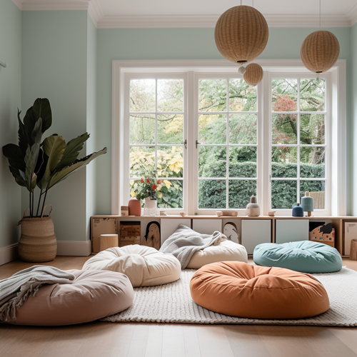 Five bean bags in a nice neutral-colored room