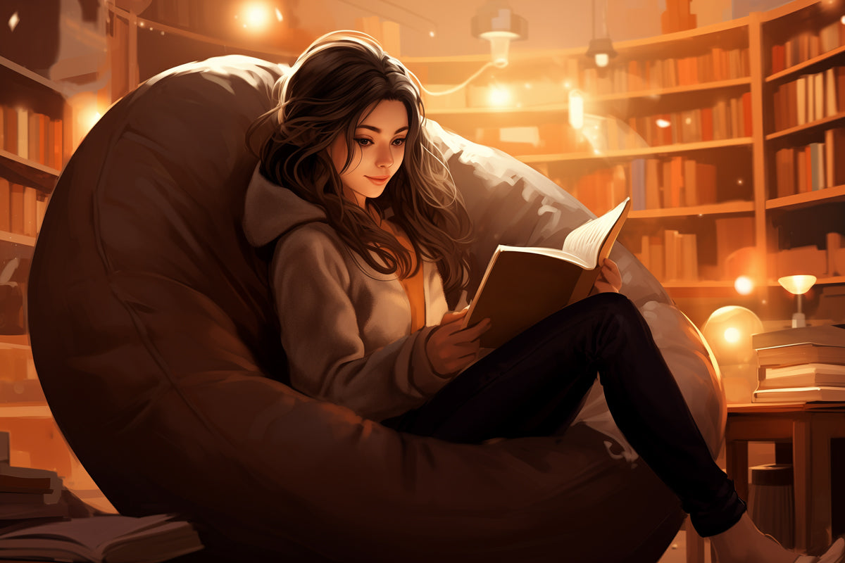 A woman surrounded by books, reading on a bean bag chair. The environment is very warm and cozy.