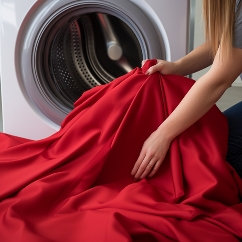 A red bean bag cover being put into a washing machine