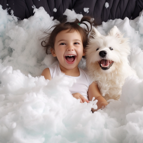 A happy little girl and her dog are sitting in white fluffy foam. This is showing that the foam we use in our sofas is safer for children and pets than traditional beans or beads normally used in bean bags.