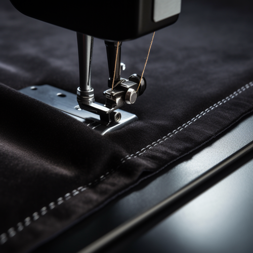 A sewing machine doing the double stitching on black material used to make the bean bag sofa cover.