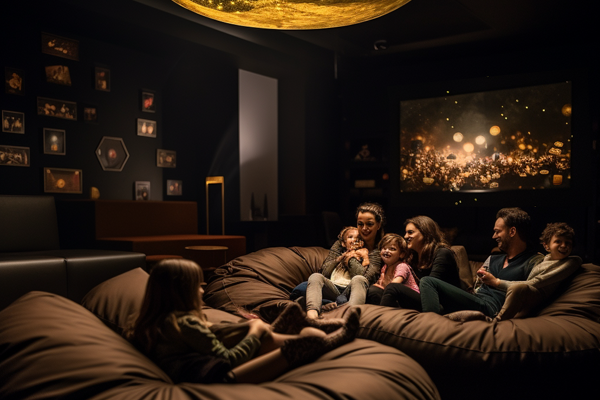 A theater room with a family relaxing on huge brown bean bags.