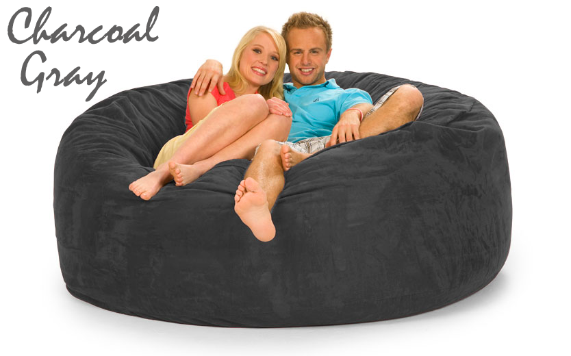 Charcoal Gray 6 ft Bean Bag Chair with a man and woman on it.