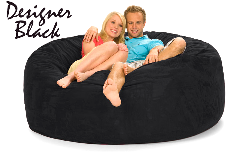 Designer Black 6 ft Bean Bag Chair with a man and woman on it.