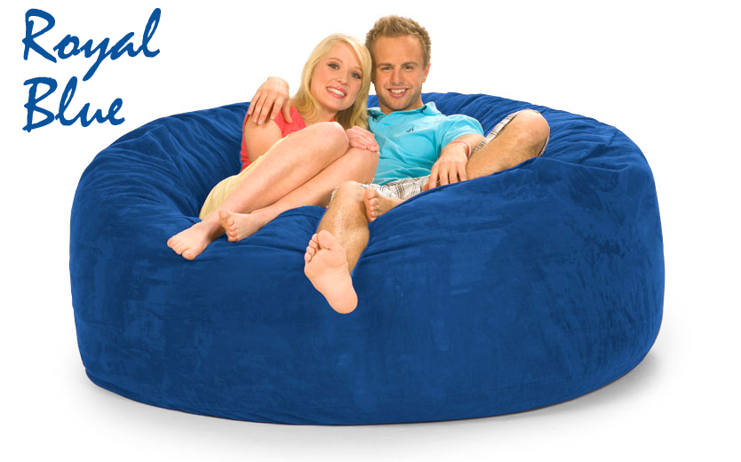 Royal Blue 6 ft Bean Bag Chair with a man and woman on it.